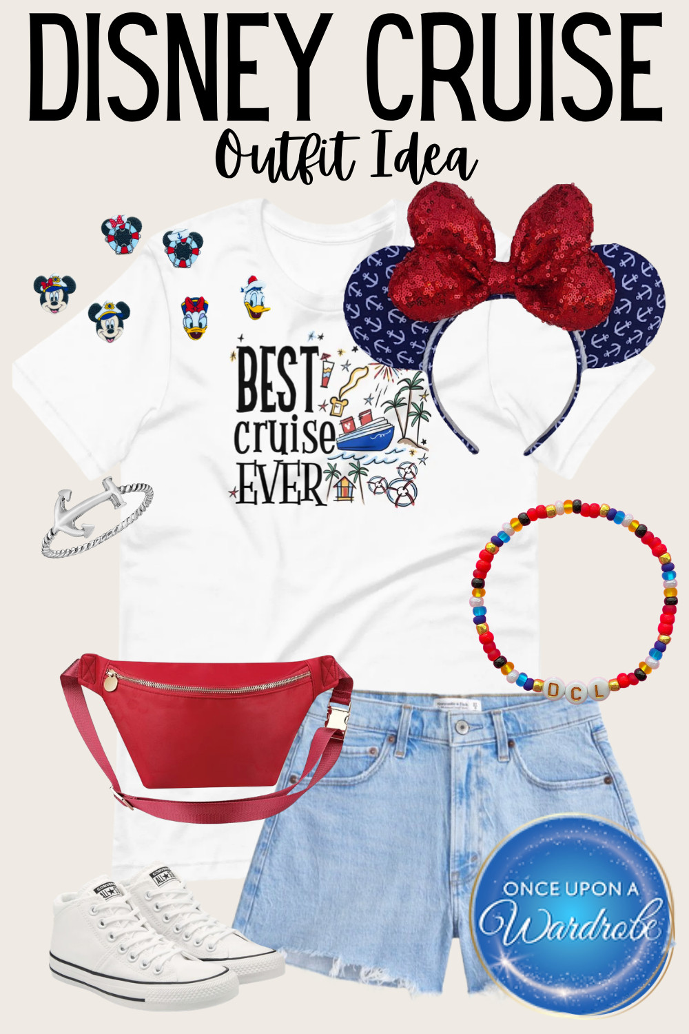 Such a fun, easy Disney Cruise outfit that works from embarkation day to exploring the ship! This look keeps things classic with a “Best Cruise Ever” tee paired with denim shorts and comfy sneakers—perfect for walking the deck, grabbing snacks, and meeting characters.

I added red and navy accessories to tie in that Disney Cruise Line vibe—those Minnie ears are SO good for photos, and the red belt bag is perfect for keeping your essentials close without carrying a big bag. The little details like the DCL bracelet and nautical touches really pull everything together without feeling overdone.

If you want a cute but practical Disney Cruise outfit that you can actually wear all day, this is it. Easy, comfortable, and still feels put together for all those onboard photos 💙🚢 

 #LTKmomlife #LTKTravel