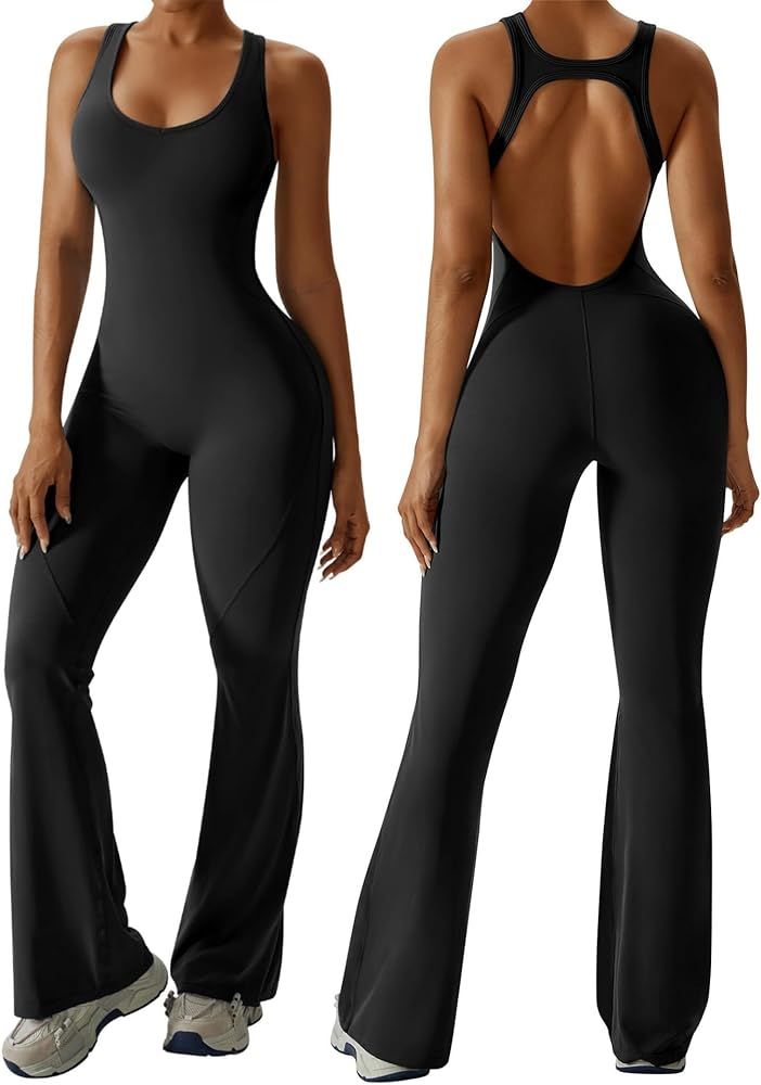 OEAK Womens Flare Jumpsuit with Bra Tummy Control Cutout Romper Workout Outfit Sleeveless Unitard... | Amazon (US)