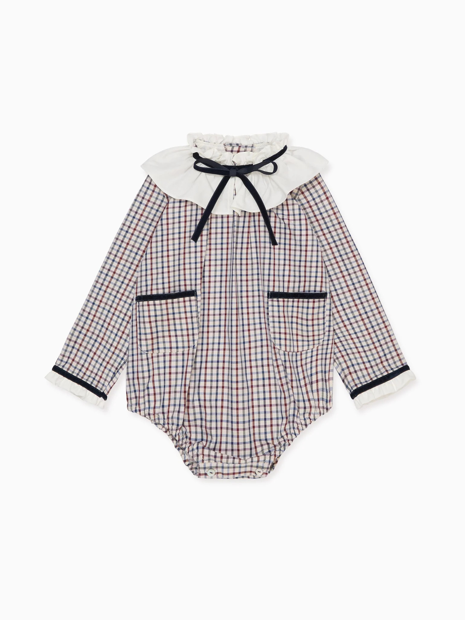 Burgundy Check Odisea Baby Girl Romper | La Coqueta (US)