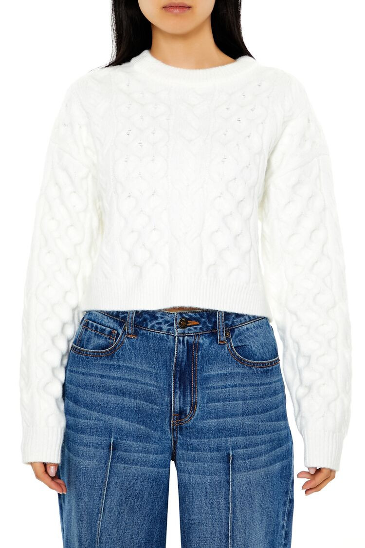 Women's Cable & Honeycomb Knit Sweater in White, XS | Forever 21