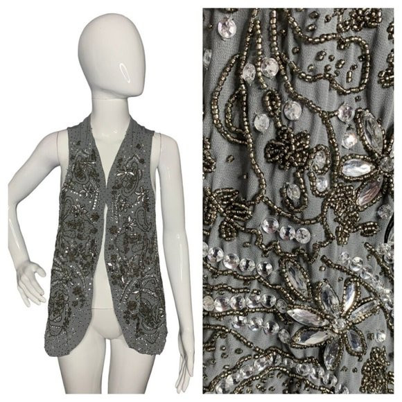 Vest Gray Beaded Rhinestones Open Knit Back Party Women's M NEW | Poshmark