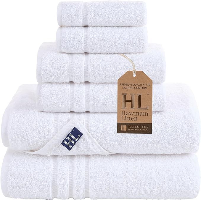 Hawmam Linen White 6 Piece Bath Towels Set for Bathroom Original Turkish Cotton Soft, Absorbent a... | Amazon (US)