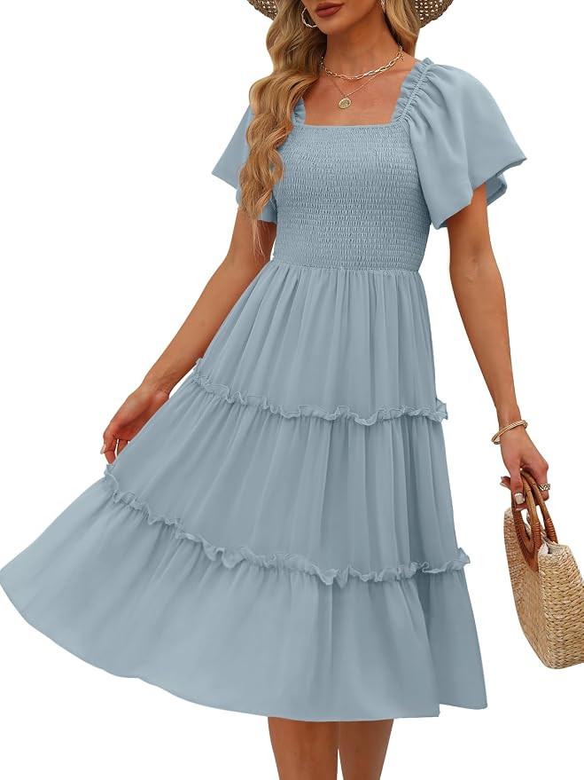 LILLUSORY Women's Summer Casual Flutter Sleeve Square Neck Smocked Midi Dress | Amazon (US)