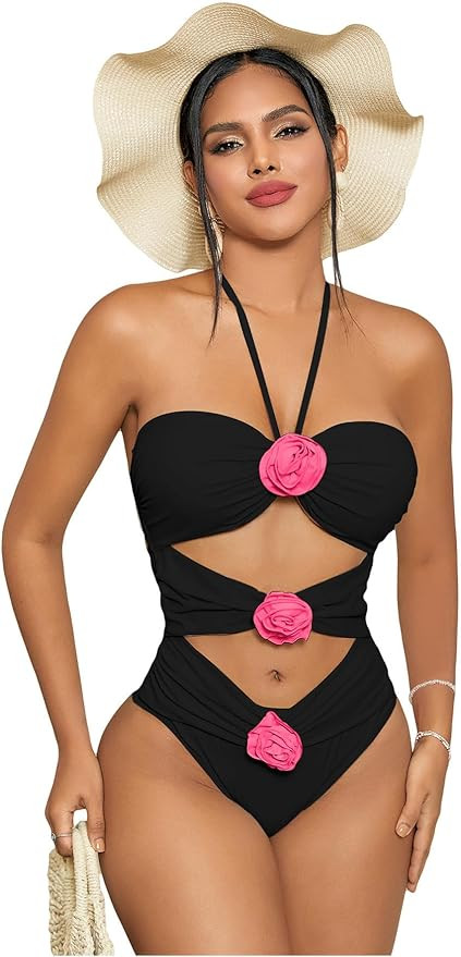 Women's Halter Neck 3D Flower Decoration Sexy One-Piece Cut Out Swimsuit Bathing Suit | Amazon (US)