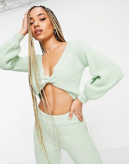 ASOS DESIGN mix & match lounge knitted twist front sweatshirt in green | ASOS (Global)