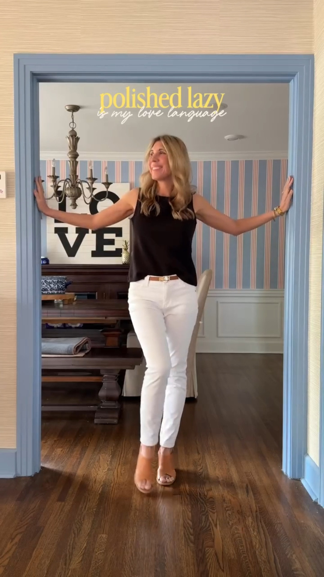 Polished lazy is my love language. 
It’s just taking a simple outfit and adding something that elevates it. For this outfit, it was just an easy pair of white jeans, a black tank, an oversized Polo oxford - then elevated with the comfy heels, the belt, and the bag. 

#polishedlazy #comebackseason #momstyle