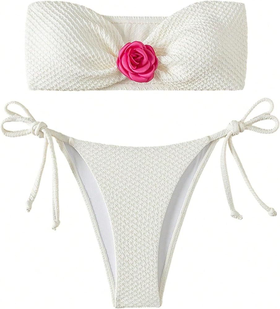 GORGLITTER Women's 2 Piece 3D Floral Strapless Swimsuit Bandeau Top Cheeky String Thong Bikini Se... | Amazon (US)