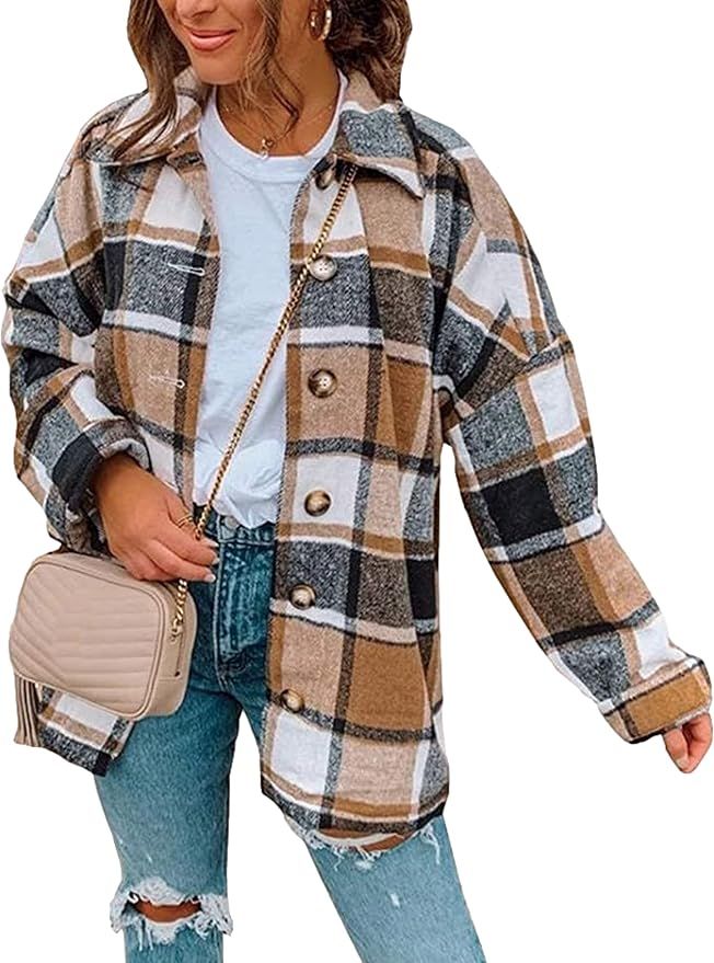 Zontroldy Casual Long Plaid Shirts Shacket Jacket Button Down Long Sleeve Shirts Trench Coats for... | Amazon (US)