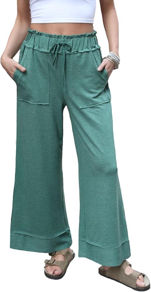 Women's Baggy Wide Leg Pants High Waist Drawstring Palazzo Lounge Sweatpants with Pockets | Amazon (US)