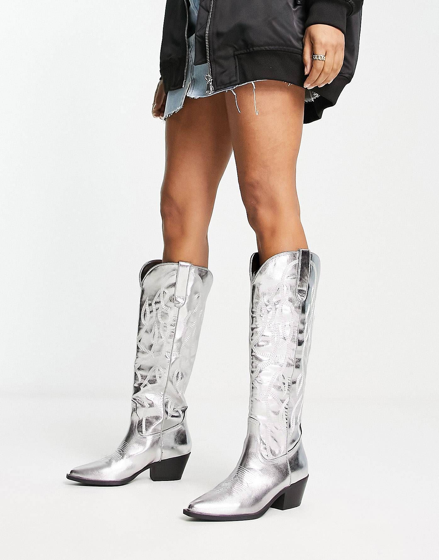 Steve Madden Knighly stitch detail western boots in silver | ASOS (Global)