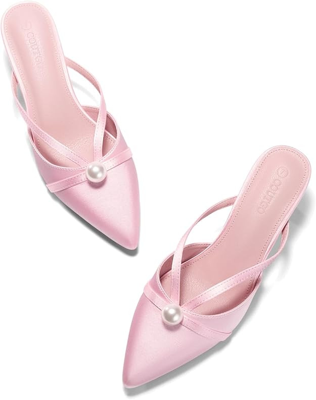 Coutgo Womens Pearl Kitten Heels Mules Closed Pointed Toe Sandals Satin Wedding Party Dress Shoes | Amazon (US)
