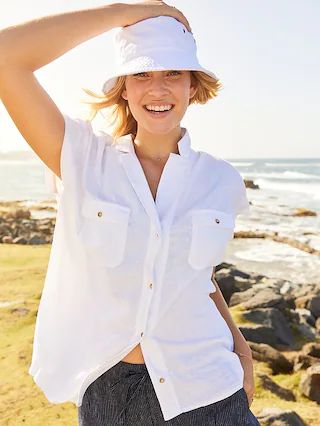 Linen-Blend Utility Short-Sleeve Shirt for Women | Old Navy (US)