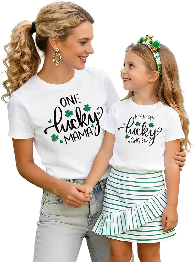 St Patricks Day Mommy and Me Outfit Lucky Mama Lucky Charm Matching Shirt Clover Tshirt Irish Mot... | Amazon (US)