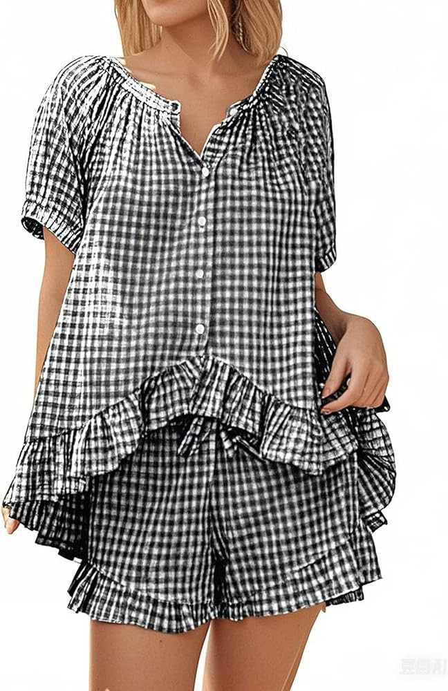 Womens 2 Piece Gingham Pajama Set Plaid Outfits Cute Ruffle Pajamas Checkered Cotton Pjs Short Sl... | Amazon (US)