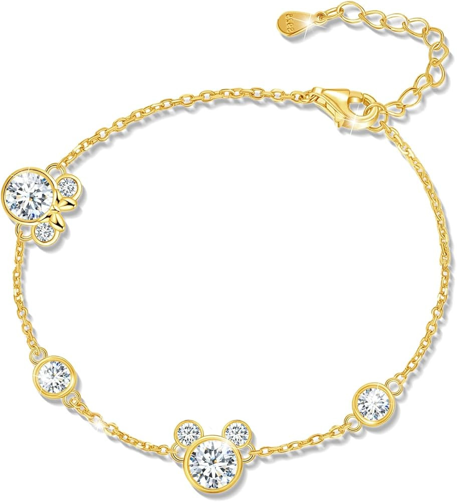 Sterling Silver Mouse Bracelet for Teens Women, Gold Sparkle Cubic Zirconia Adjustable Chain Link... | Amazon (US)