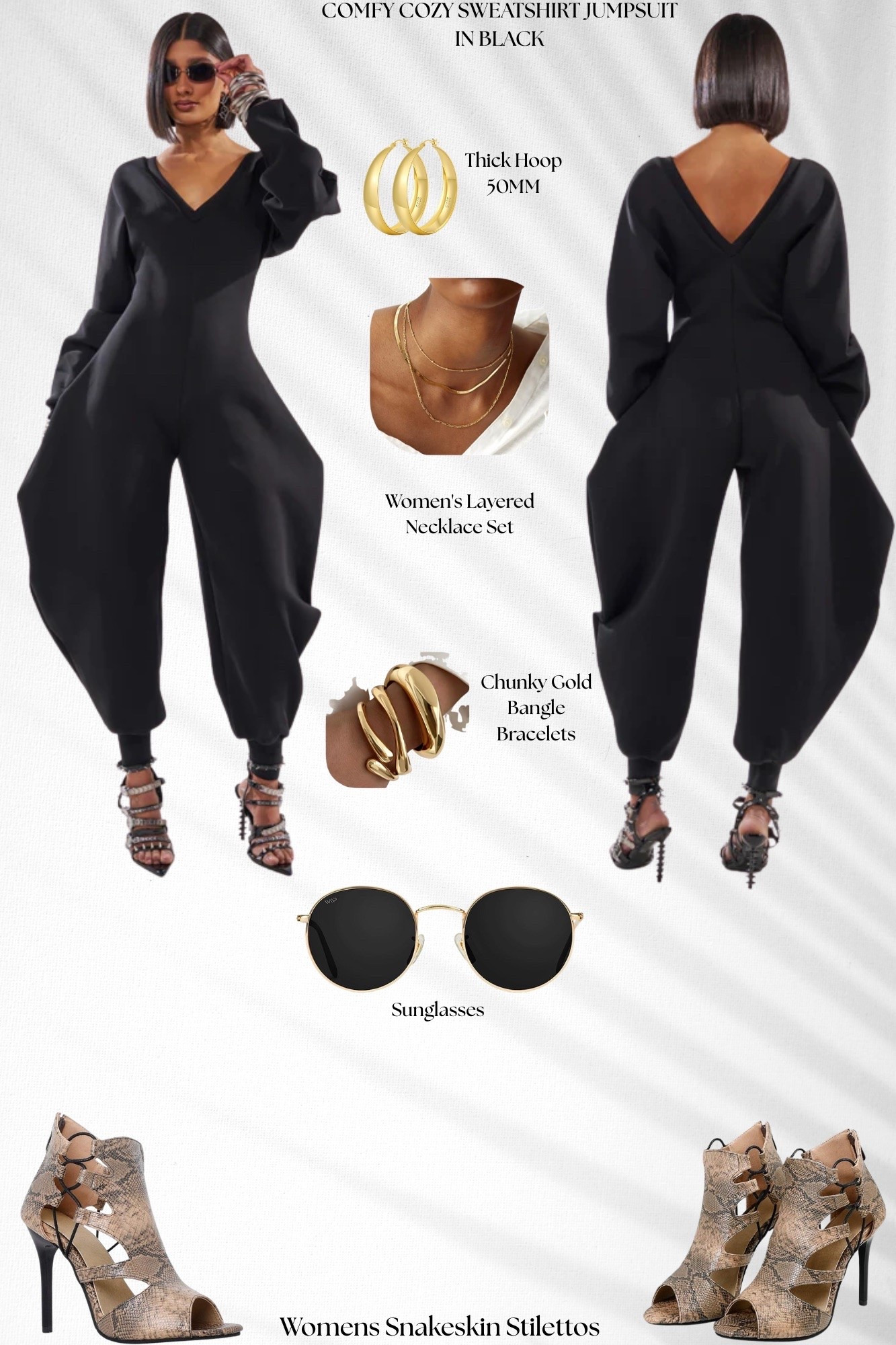 Black Jumpsuit + Snakeskin Heel Look
Comfort meets confidence 🖤🐍
This oversized black jumpsuit gives effortless luxury while still feeling cozy and wearable. Paired with snakeskin stilettos, gold jewelry, and sleek sunnies for an elevated “cool girl” vibe.

#LTKootd #LTKgrwm #LTKSaleAlert
