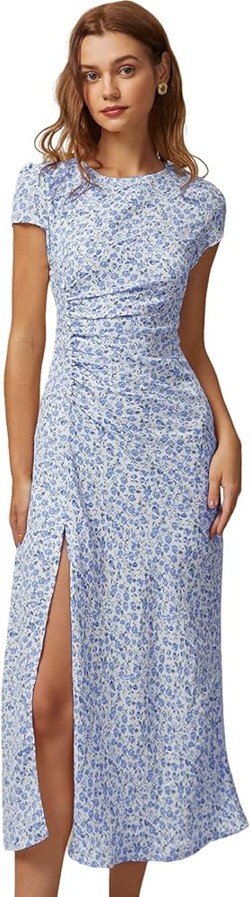 RIHOAS Boho Floral Midi Dress for Women - Round Neck Slit Design, Casual Beach Garden Vacation Su... | Amazon (US)