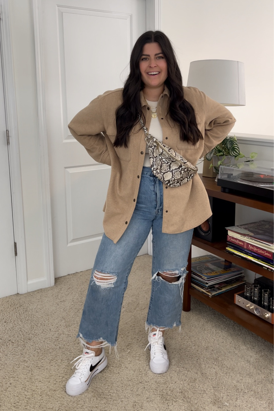 Brown shacket (large) | snakeskin belt bag | tan ribbed high neck tank (large) | white Nike sneakers

Fall outfit; fall look; casual outfit; midsize; size 8; size 10

#LTKstyletip #LTKunder50