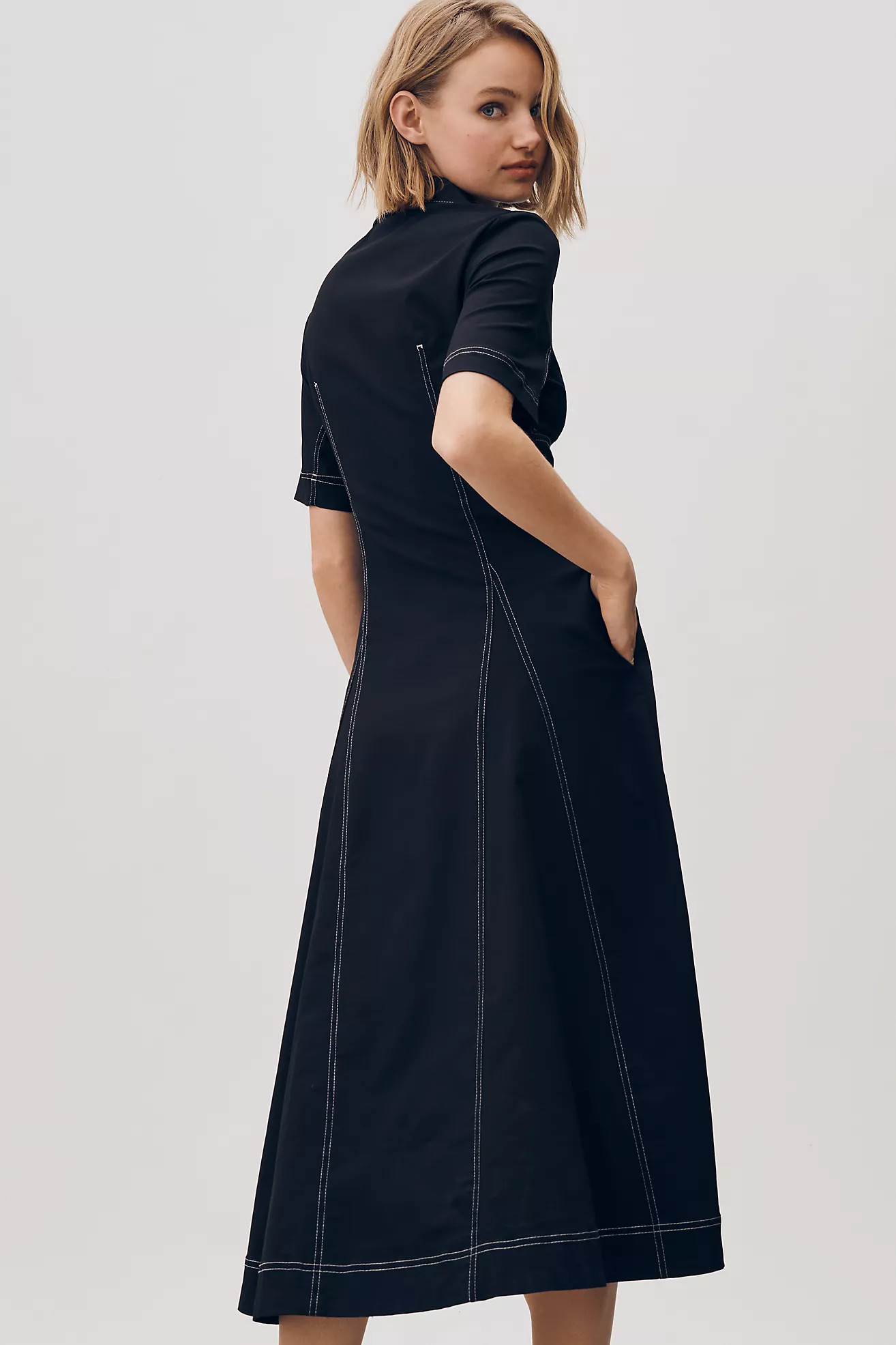 Exquise Short-Sleeve Seamed Pleated Midi Dress | Anthropologie (US)