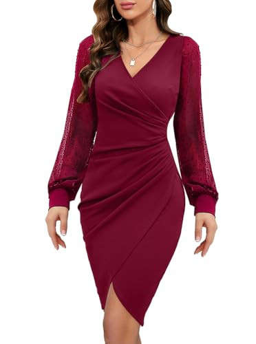 IHOT Women's 2025 Sexy V Neck Mesh Long Sleeve Faux Wrap Ruched Sheath Bodycon Party Cocktail Wor... | Amazon (US)