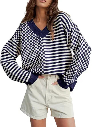 UNCLECAT Womens Striped Checkered Sweater V Neck Fall Trendy Pullover Tops | Amazon (US)