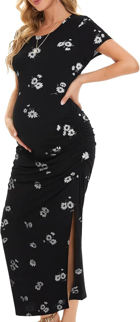 Smallshow Women's Split Long Maternity Dress Short Sleeve Ruched Pregnancy Clothes | Amazon (US)
