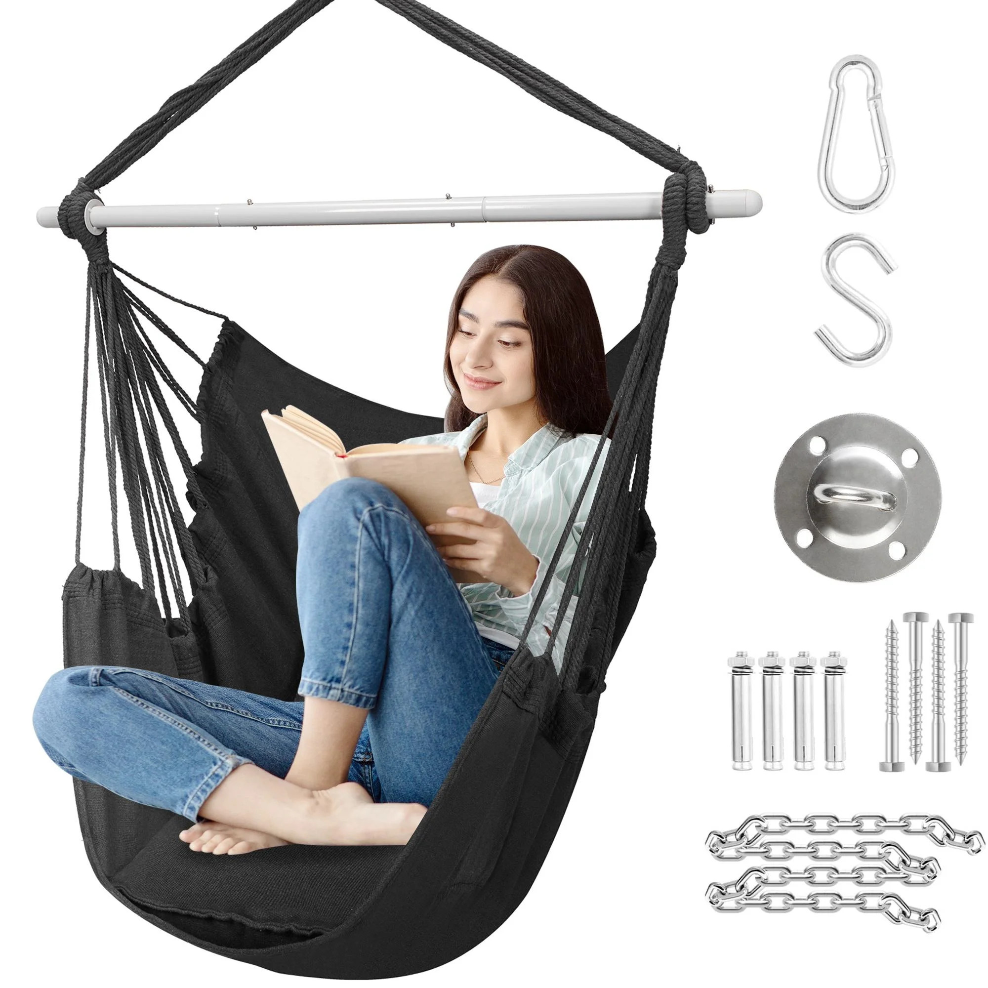 Large Hammock Chair Swing, Relax Hanging Rope Swing Chair with Detachable Metal Support Bar & Two... | Walmart (US)