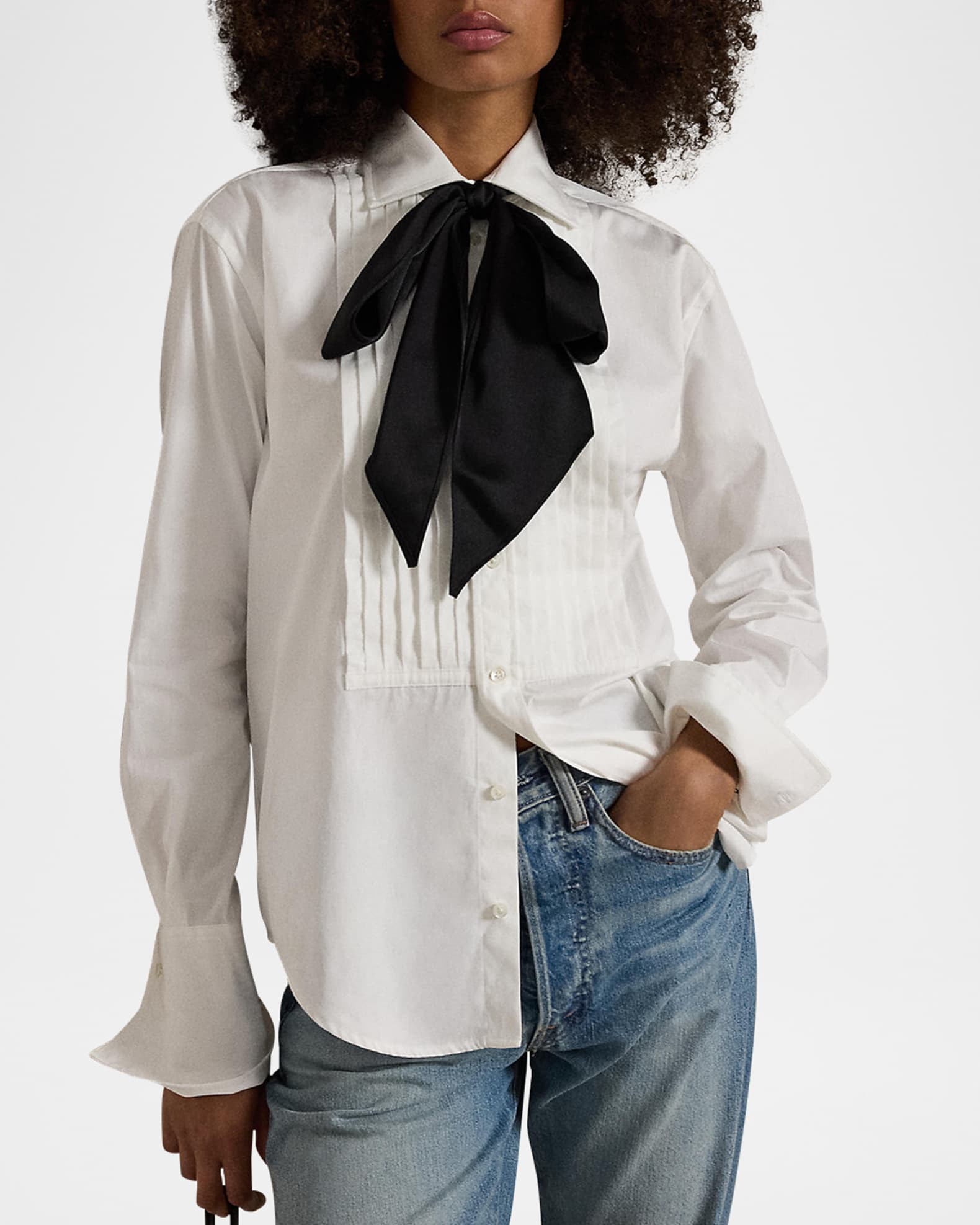 Pintuck Tie-Neck Cotton Tuxedo Shirt | Neiman Marcus