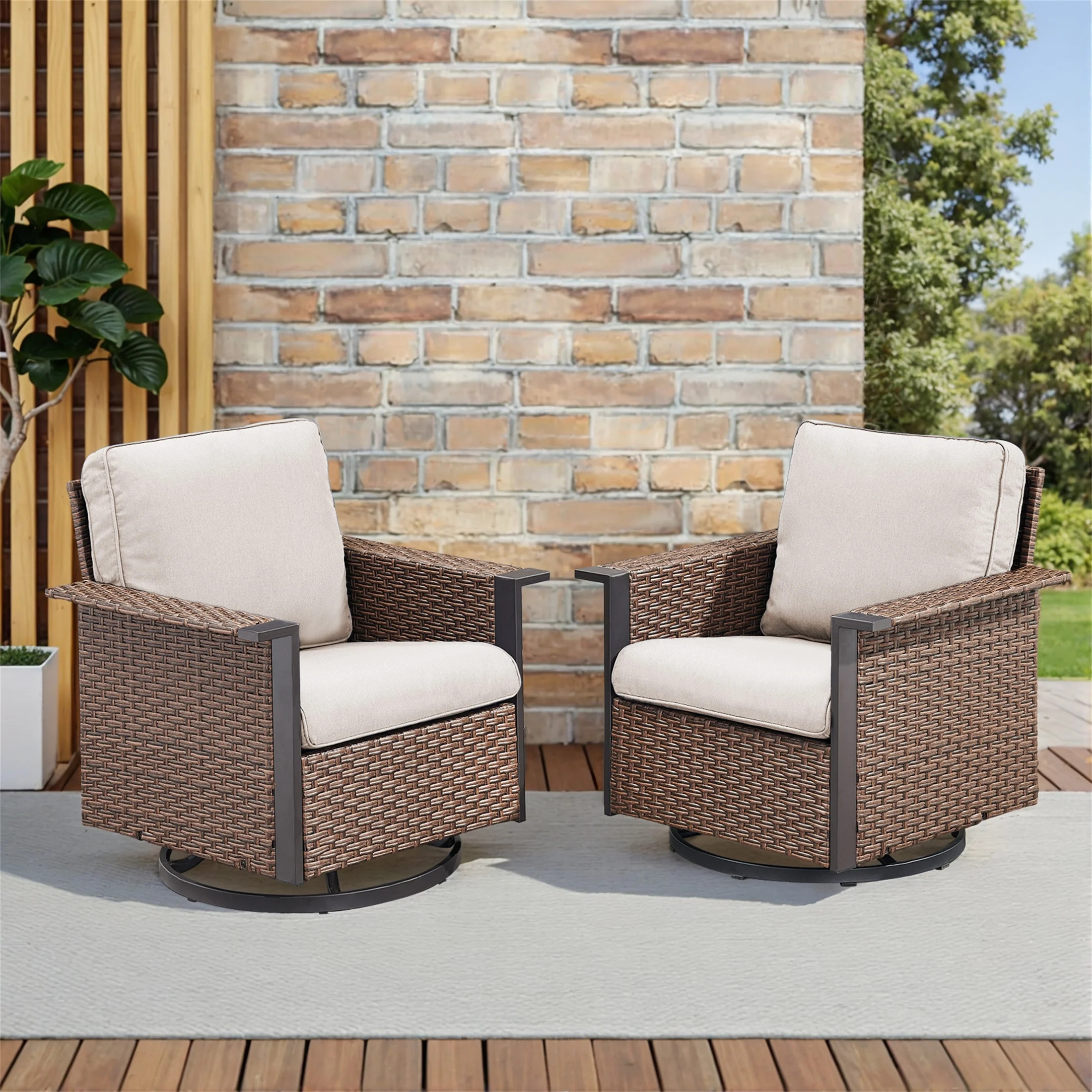 Yeahumalia Outdoor Patio 2-Piece Wicker Swivel Glider Chairs with Beige Cushions for Garden, Back... | Walmart (US)