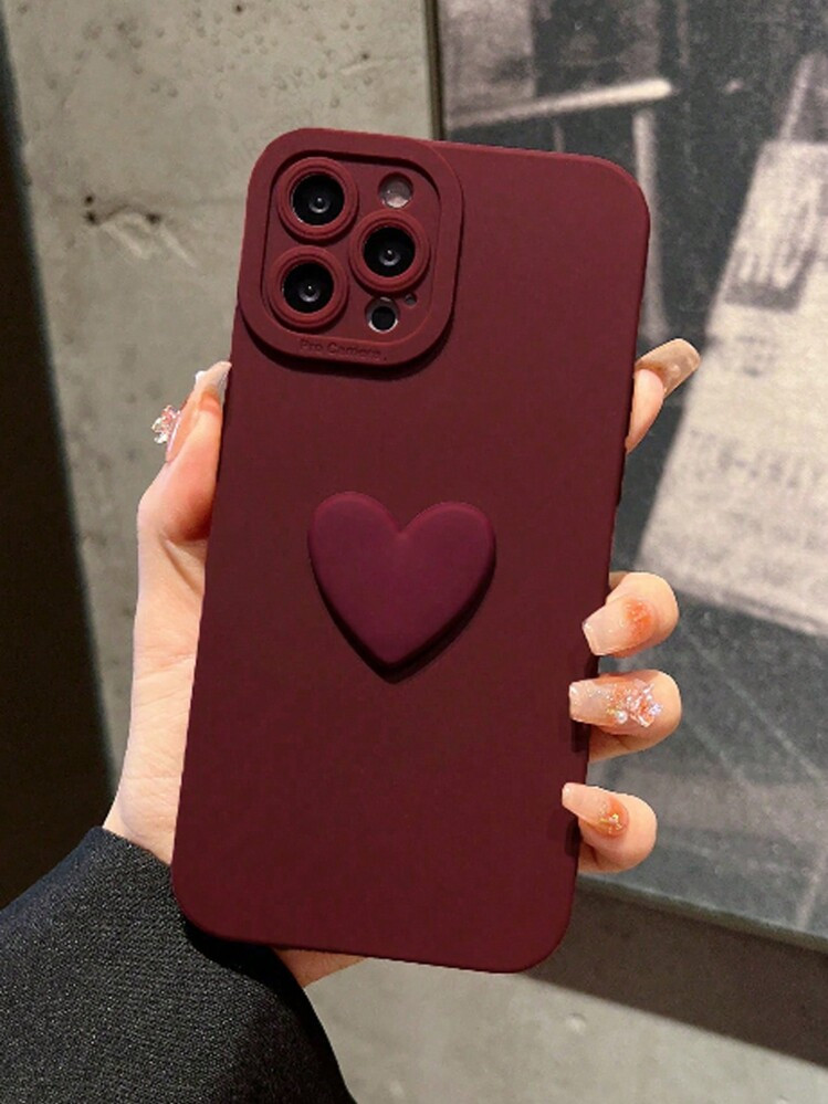 Trends1pc Vintage Heart Shaped Burgundy Mobile Phone Case Compatible With IPhone 11/12/13/14/12 P... | SHEIN