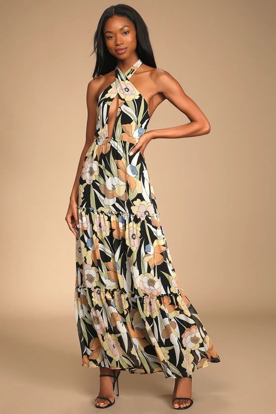 In Vacay Mode Black Floral Print Halter Tiered Maxi Dress | Lulus (US)