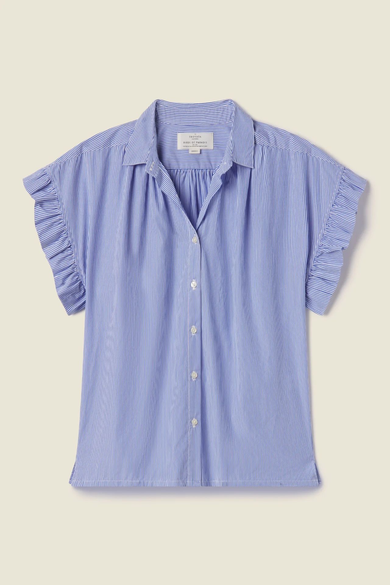 Marianne B Ruffle Sleeve Shirt Blue/White Stripe | TROVATA