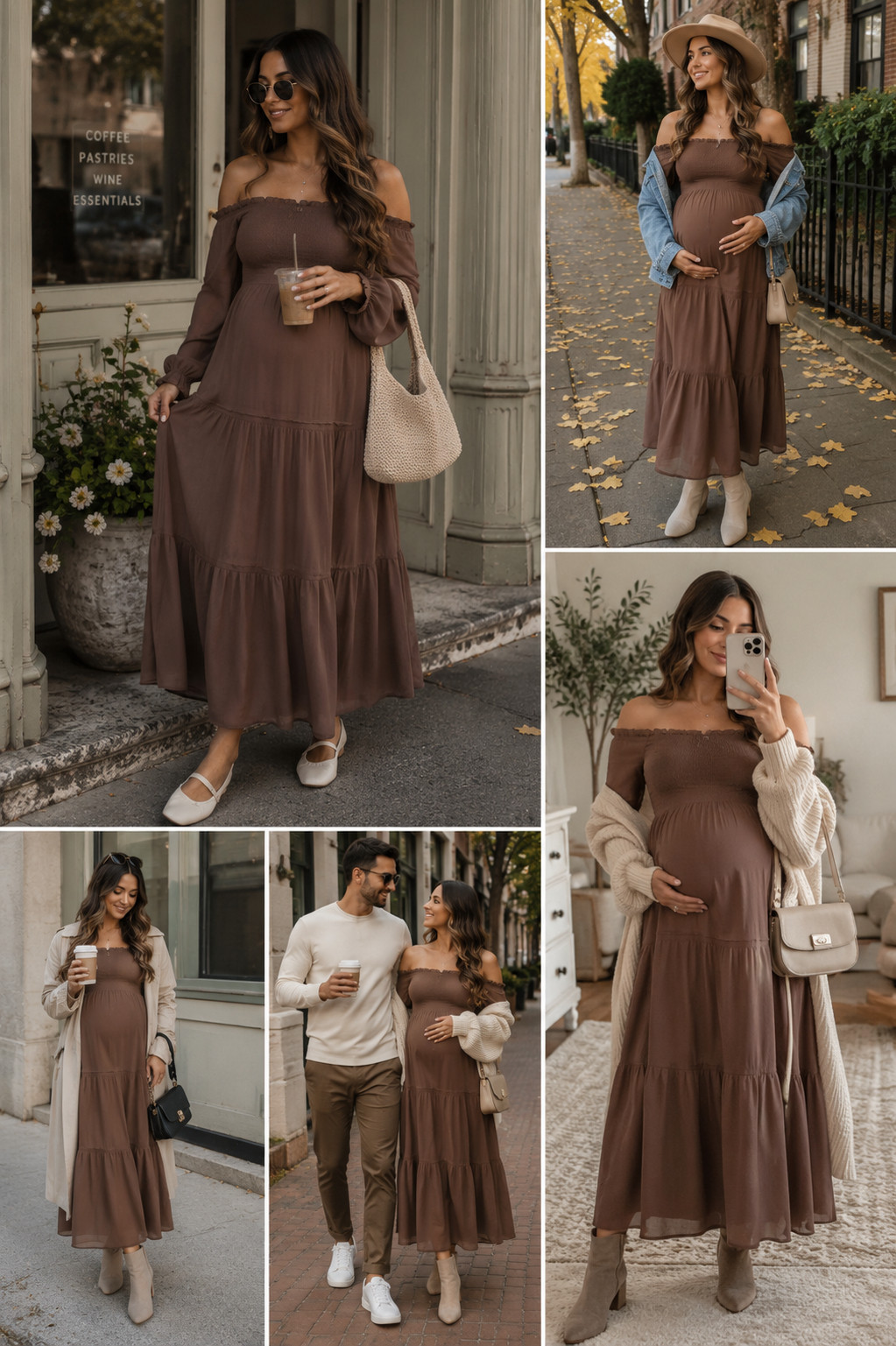 This brown off-the-shoulder maternity maxi is such a pretty fall find 🤎 The flowy tiered skirt, soft sleeves, and bump-friendly fit make it feel romantic without being too dressy. Love it with boots, a cardigan, denim jacket, or trench depending on the day. So good for fall maternity photos, baby showers, brunch, date night, family pictures, Thanksgiving plans, or a cozy weekend out.

#MaternityDress #FallMaternity #MaternityStyle #PregnancyFashion #BumpStyle #BrownDress #FallDress #MaternityMaxiDress #BabyShowerDress #MaternityPhotos #FallPhotoshootOutfit #PregnancyOutfitIdeas #BumpFriendly #MomToBeFashion #FallWardrobe #MaternityOOTD #AutumnStyle #LTKMaternity #LTKFashion #FallFashion 

 #LTKSeasonal #LTKU #LTKBump