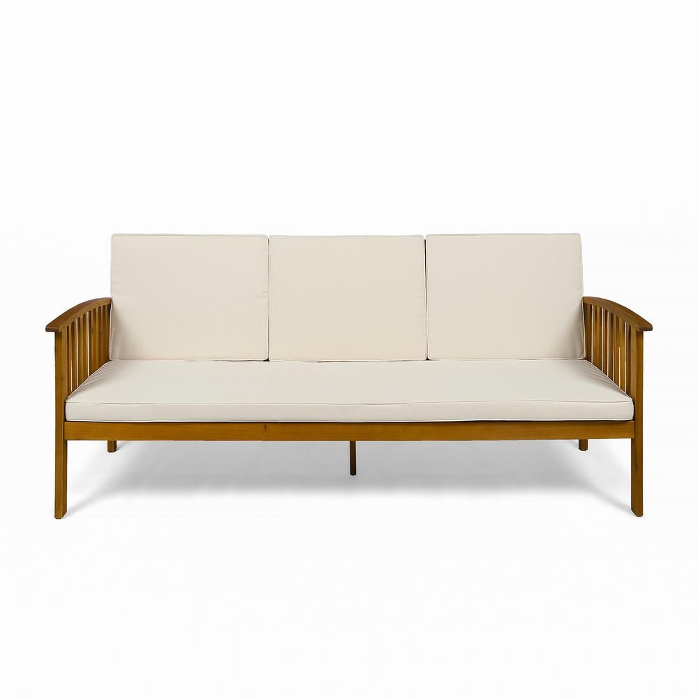 Noble House Carolina Teak Brown 1-Piece Wood Outdoor Couch with Cream Cushions | The Home Depot