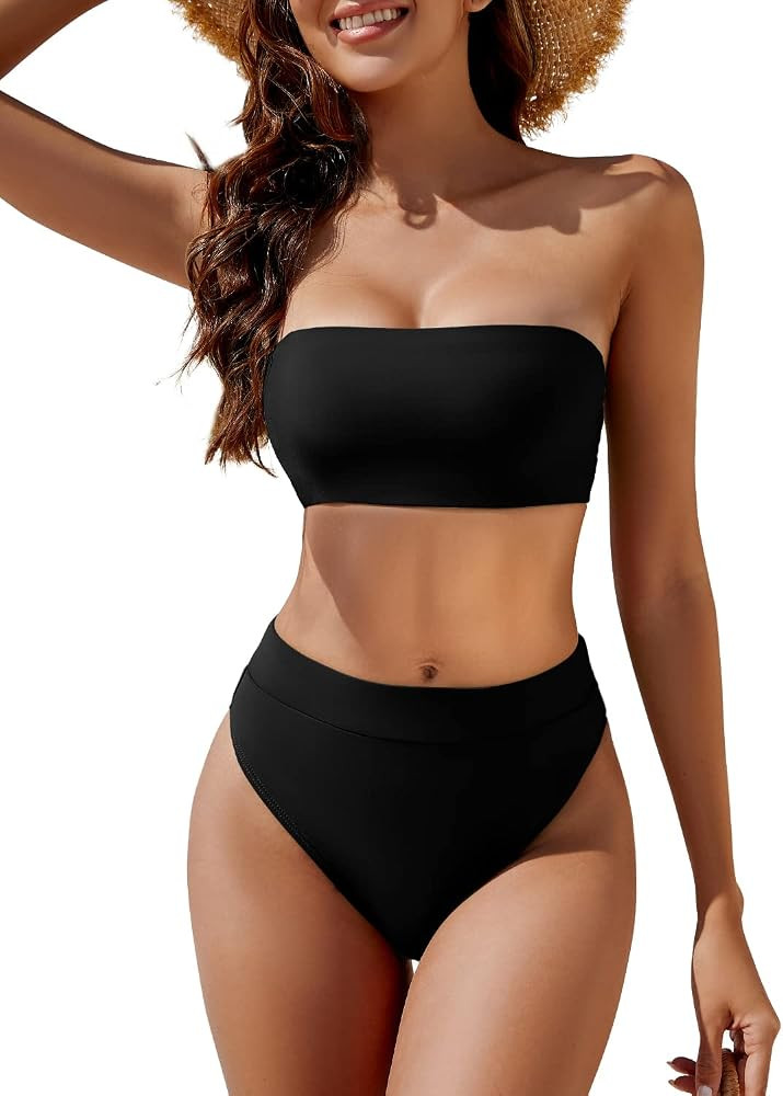 YACUN Women's Two Piece Bandeau Bikini Swimsuit Off Shoulder Cheeky High Waisted Bathing Suits | Amazon (US)