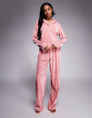 ASOS DESIGN Tall velvet texture pajama set in pink | ASOS (Global)