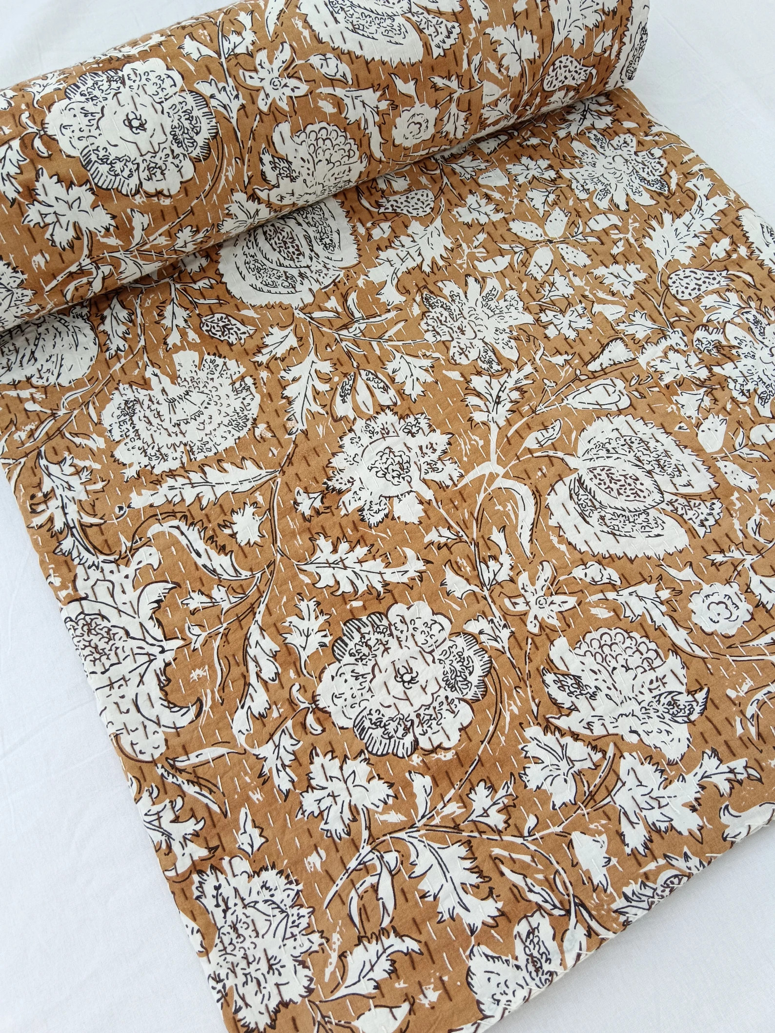 Tan Color Kantha quilt bedding bedspread queen size quilt Indian kantha throw Kantha Block Printe... | Etsy (US)