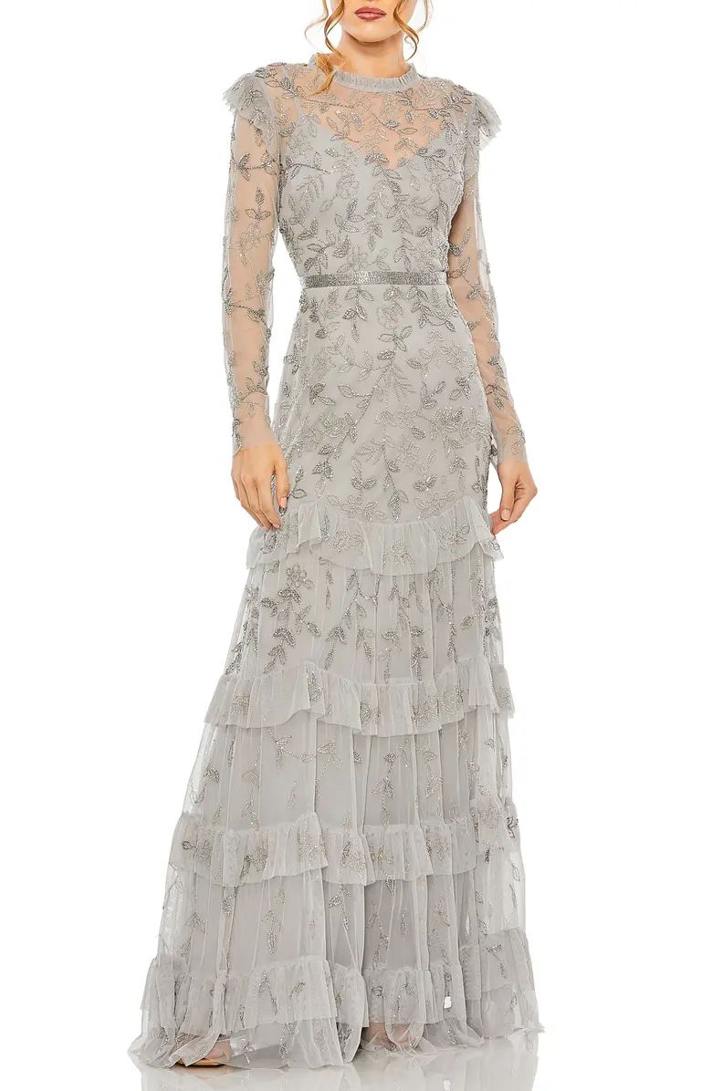 Floral Beaded Appliqué Long Sleeve Tiered Gown | Nordstrom