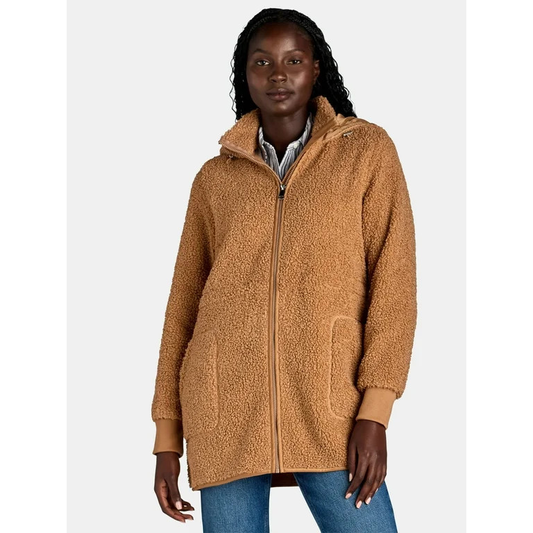 Time and Tru Women’s and Women’s Plus Faux Shearling Zip Hoodie Jacket, Midweight, Sizes S-3X | Walmart (US)
