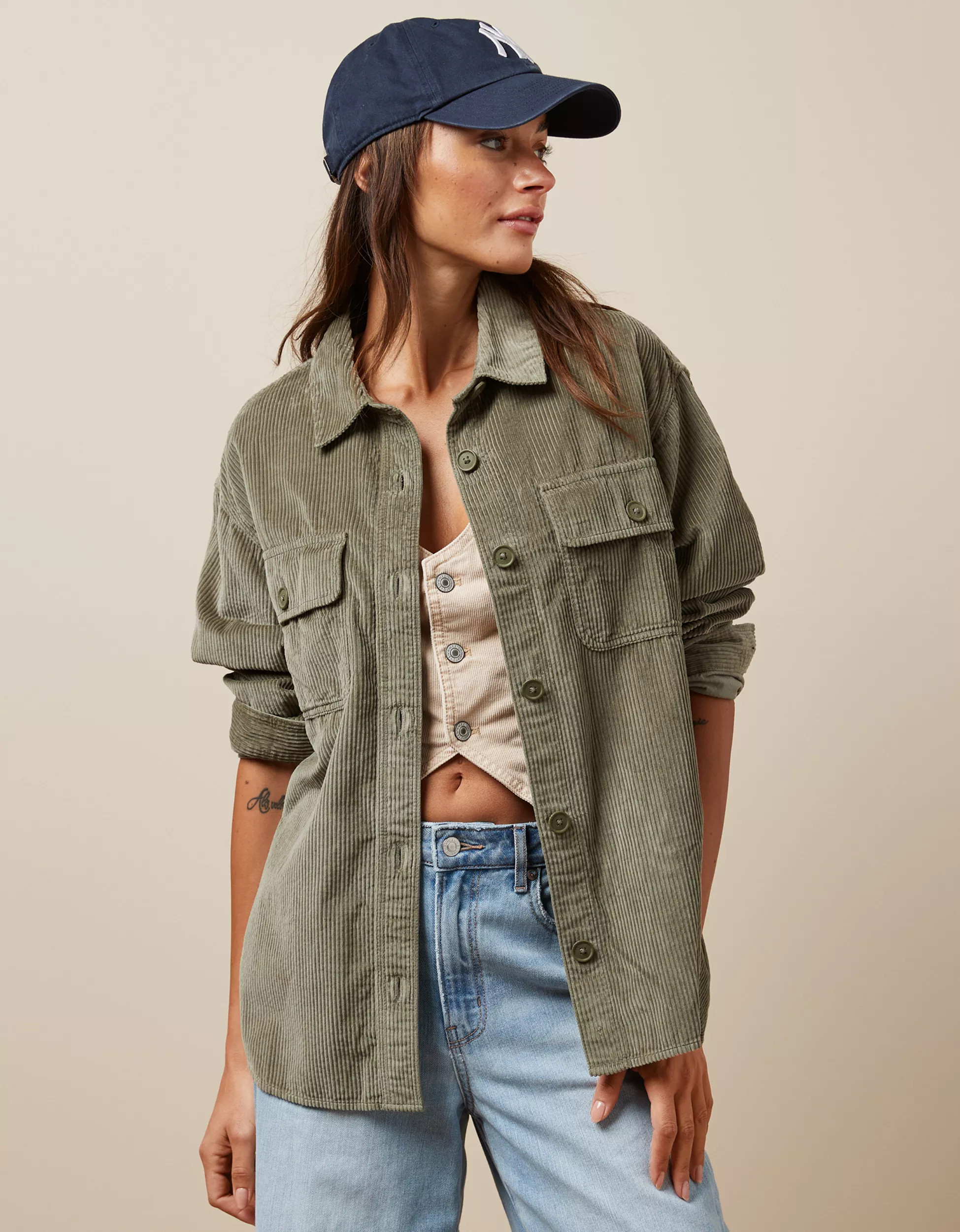 AE Dreamy Drape Oversized Corduroy Shirt | American Eagle Outfitters (US & CA)