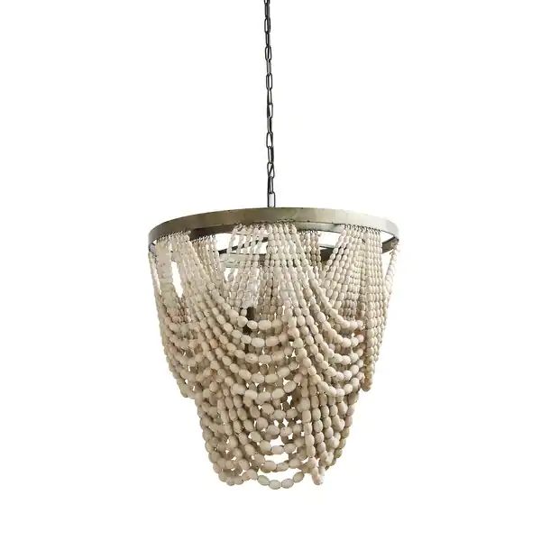 Shabby Chic Round Metal 3-light Chandelier with Wood Bead Shade | Bed Bath & Beyond