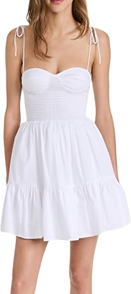 Women Slip Dress Corset Mini Dress Square Neck Spaghetti Strap Ruffle Dress Flowy A-Line Dress fo... | Amazon (US)