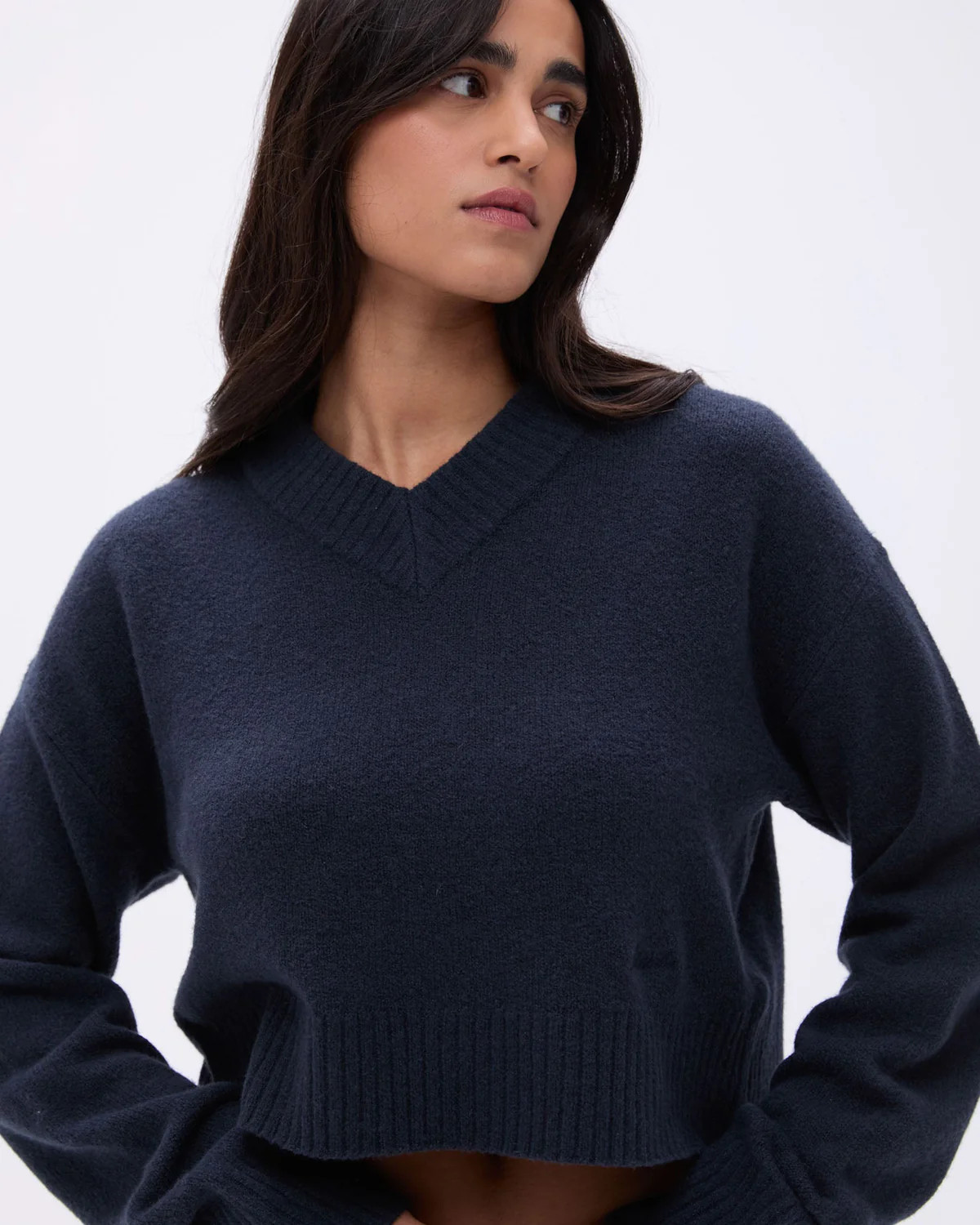 V Neck Knit Sweatshirt - Deep Midnight Blue | Adanola UK