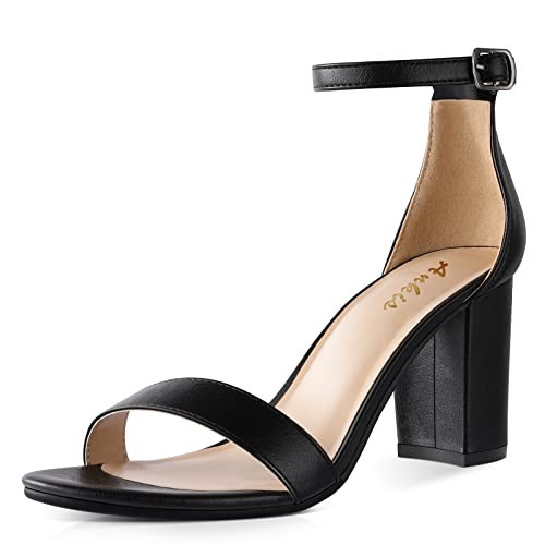 Ankis Black Heels for Women - Open Toe Ankle Strap Chunky Heel Pump Sandals Party Wedding Strappy Buckle Sandals Standard Size 2.75 Inches Tall Thick Heel Design (Black Pu, numeric 12) | Amazon (US)