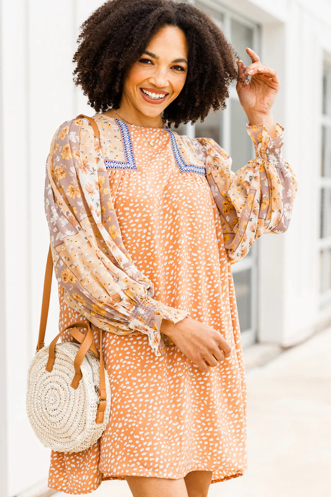 Make The Call Salmon Orange Mixed Print Shift Dress | The Mint Julep Boutique