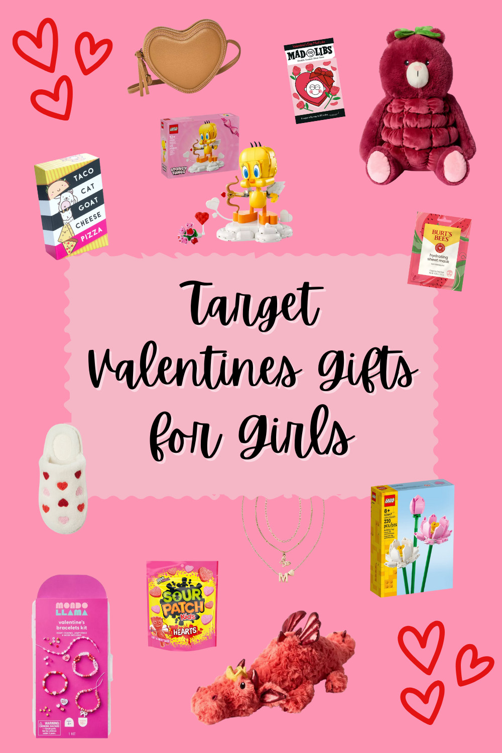 Shopping for Valentine’s Day gifts for girls at Target? 💕 This Target Valentine gift guide for girls is filled with adorable, fun, and creative finds you can grab all in one trip. From cuddly Gigglescape stuffed animals and cozy Cat & Jack heart slippers to a cute heart-shaped crossbody bag and trendy initial jewelry, these Target picks are perfect for kids and tweens.

Keep Valentine’s Day fun and screen-free with LEGO Valentine building sets, friendship bracelet craft kits, and the popular Cool Maker bracelet studio—all easy to find at Target. Add laughs with Mad Libs and Taco Cat Goat Cheese Pizza, perfect for family game night or classroom parties. These Target-exclusive and kid-approved Valentine gifts are great non-candy options parents love. 

 #LTKValentine #LTKSeasonal #LTKKids