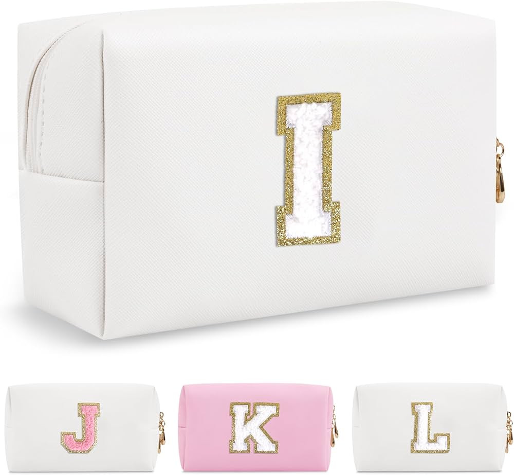 Personalized Initial A-Z Preppy Patch Makeup Bag,Waterproof PU Chenille Letter Travel Cosmetic Po... | Amazon (US)