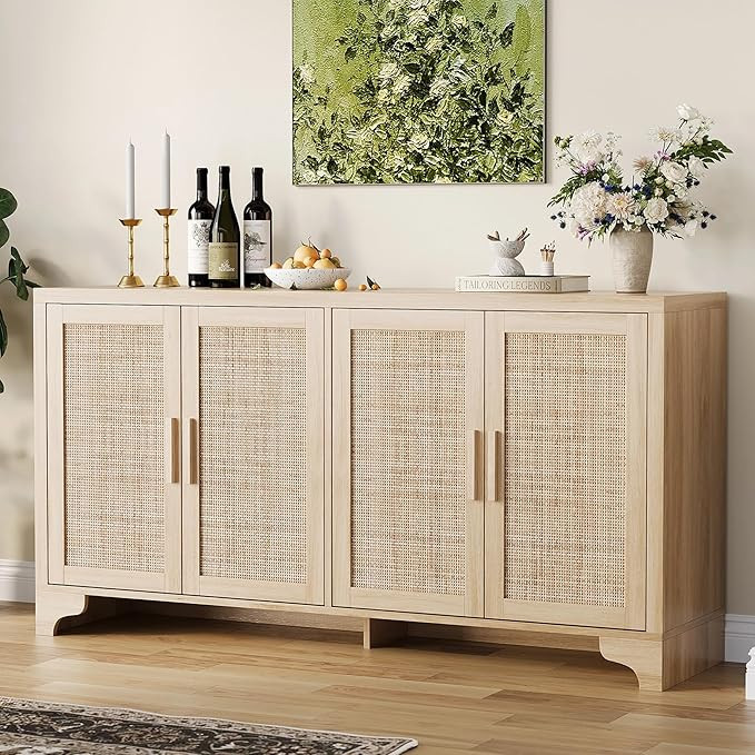 GarveeHome 4-Door Sideboard Buffet Cabinet, Natural Rattan Storage Cabinet, Boho Entryway Console... | Amazon (US)