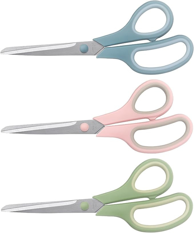 8.5" Pastel Scissors 3-Pack, Ultra Sharp Stainless Steel, Soft Grip Right/Left Hand | Amazon (US)