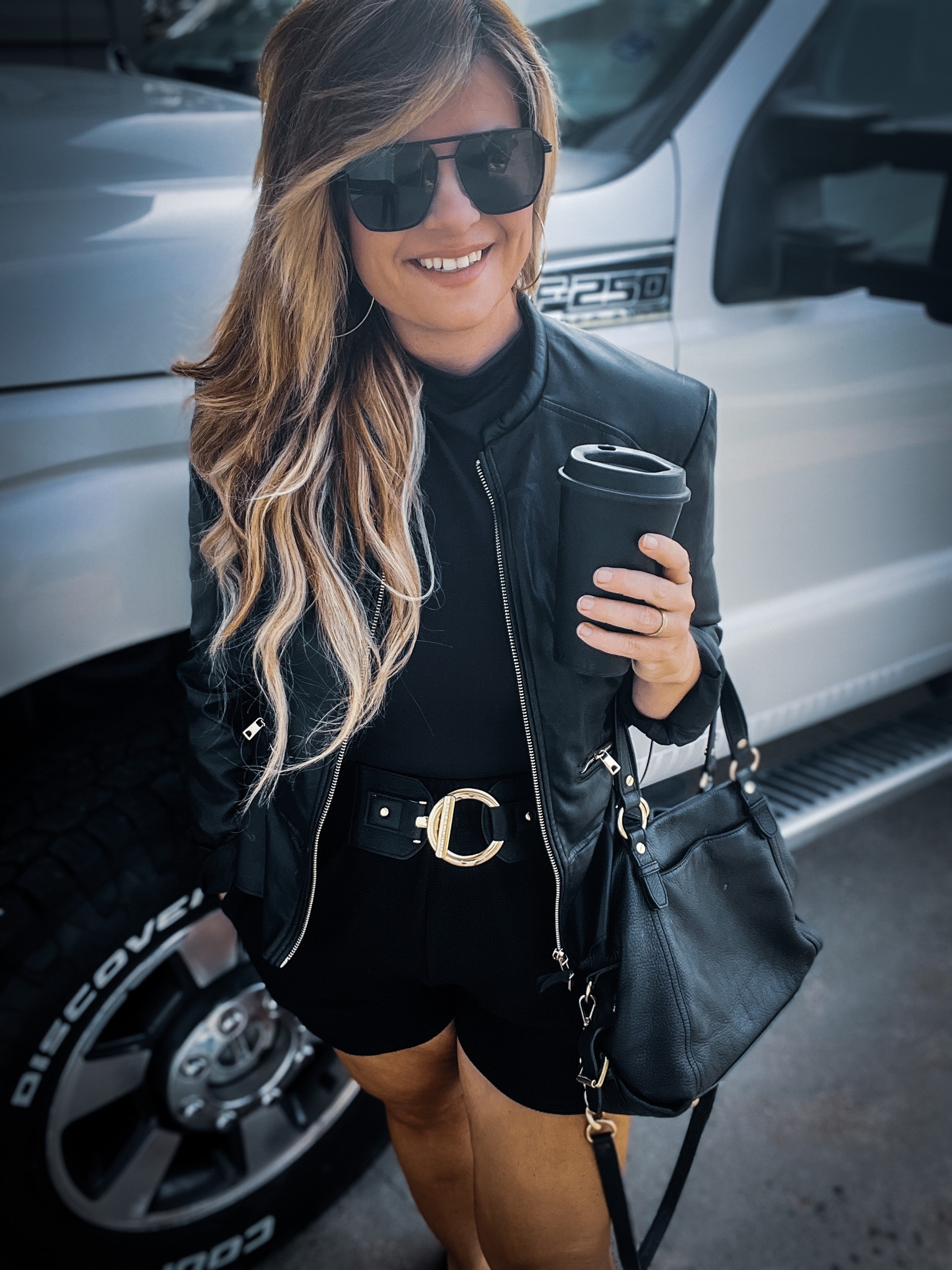 Fall outfits it’s time to pull out the leather. 
😜 
I love edgy looks. I’m also obsessed with my husband 😎 lol. 

Sunglasses from Amazon
Leather jacket from Zara 
Belt Nordstrom
Micheal kors does black and gold like now one. Great picks for capsule wardrobe. All my shit matches! Lol. It’s easier.

Shorts by ALO so comfortable and pleaded for style and flattering cuts.

Leather bags

Coffee cups for your Pinterest photo shoots 😎

#LTKFind #LTKSeasonal #LTKstyletip